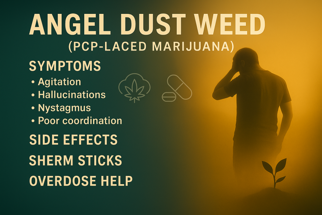 Angel dust weed (PCP-laced marijuana) infographic showing symptoms, side effects, sherm sticks, and overdose help.