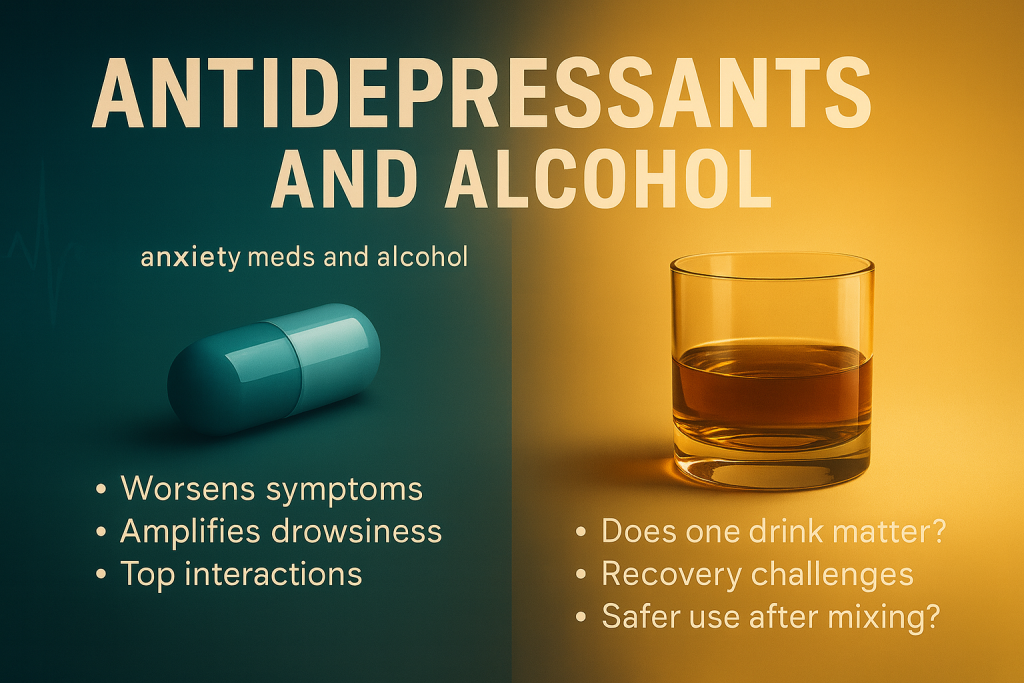 Antidepressants and alcohol infographic — risks of drinking and antidepressants, dangers of mixing anxiety meds and alcohol, and safer recovery choices.