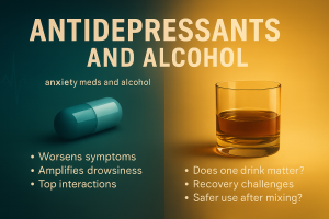 Antidepressants and alcohol infographic — risks of drinking and antidepressants, dangers of mixing anxiety meds and alcohol, and safer recovery choices.