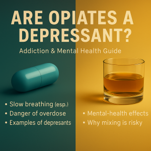 Split-screen infographic showing a teal capsule pill and a glass of amber liquid, illustrating the question are opiates a depressant, are opioids depressants, and examples of depressant drugs.
