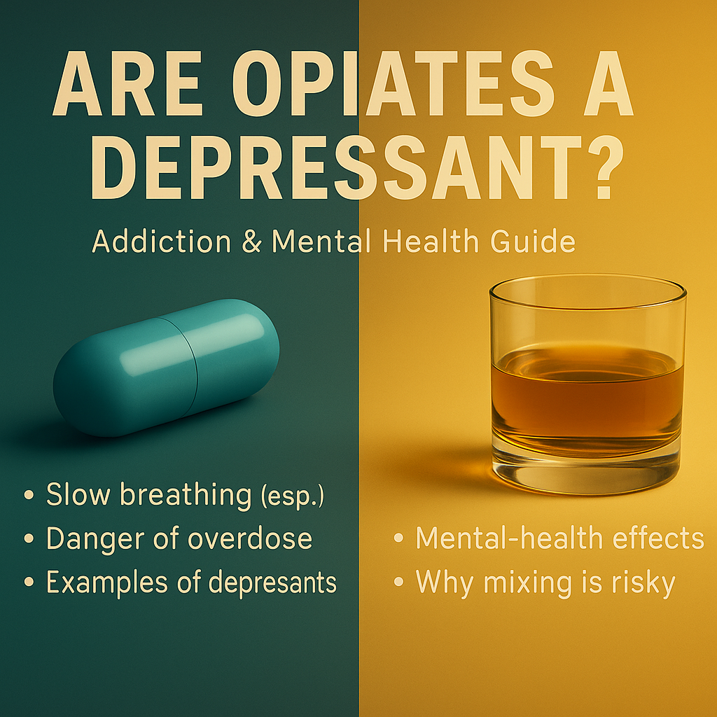 Split-screen infographic showing a teal capsule pill and a glass of amber liquid, illustrating the question are opiates a depressant, are opioids depressants, and examples of depressant drugs.