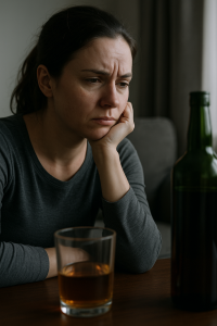 A realistic photo of a woman reflecting beside a glass of whiskey, symbolizing the struggle between borderline personality disorder and alcoholism.