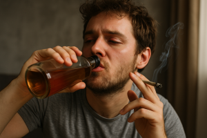 Young adults being drunk and high — getting crossed from mixing cannabis and alcohol, showing visible signs of dizziness and discomfort.