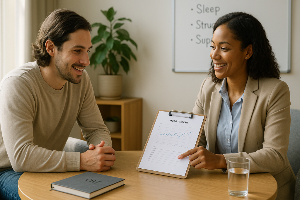 Therapist and client review a mood tracker during integrated care for bipolar and addiction in a bright outpatient office.