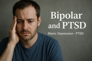 Realistic feature image of a distressed individual showing signs of bipolar disorder and PTSD, symbolizing manic depression and trauma struggles.