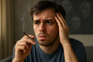 Young man experiencing cannabis-induced psychosis, holding his head with visible stress, with cannabis leaf and “schizophrenia” text in the background.