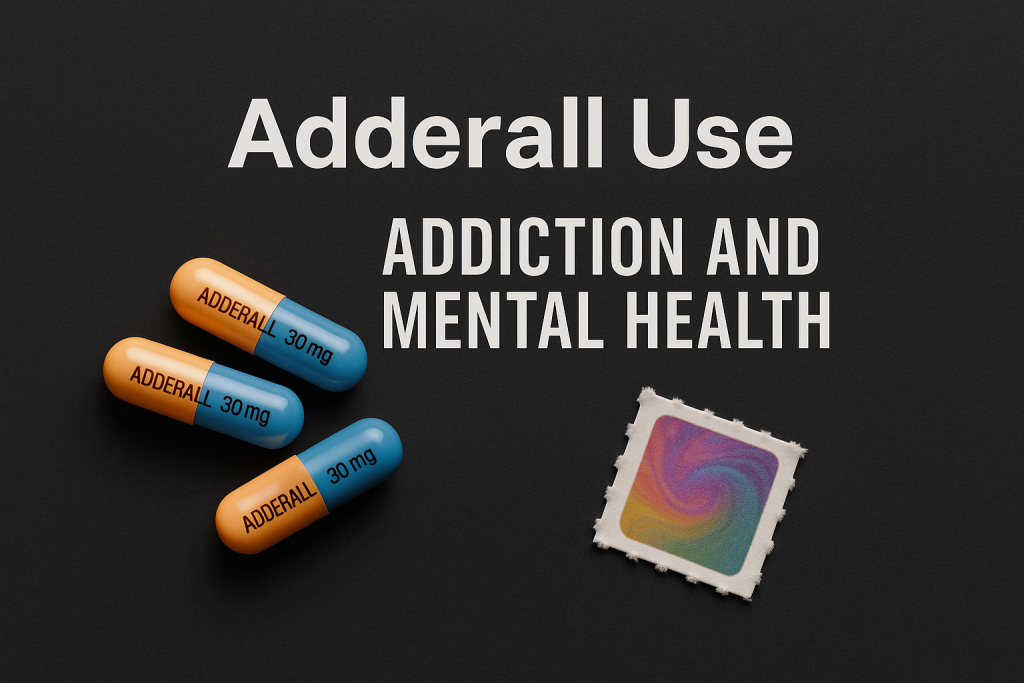 Adderall capsules with bold text “Adderall Use – Addiction and Mental Health” alongside a colorful LSD blotter, representing the risks of Adderall use and mixing LSD and Adderall.