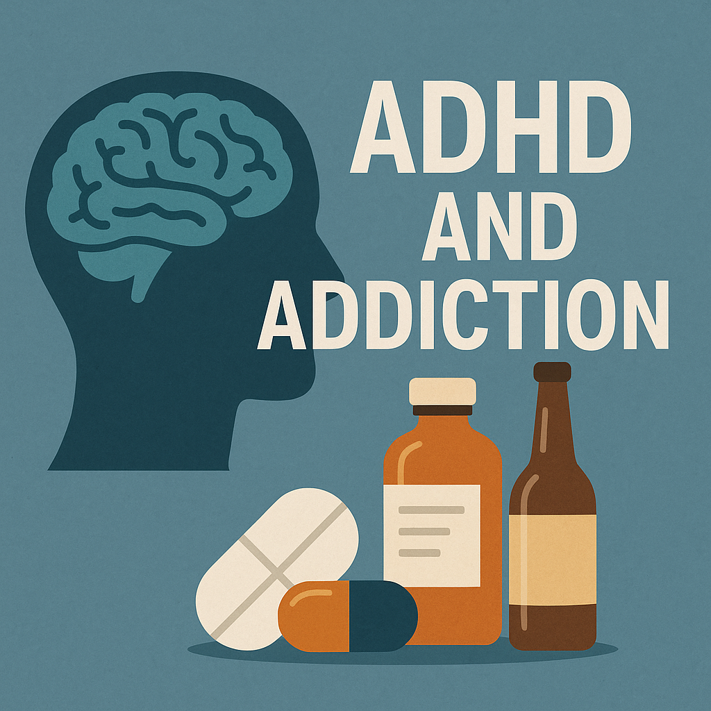 Illustration showing the connection between ADHD and addiction with symbols of the brain, pills, and alcohol to represent ADHD and substance abuse.