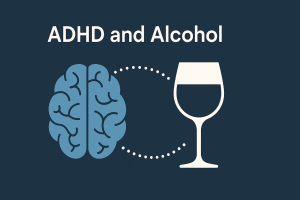 4K digital illustration of ADHD and alcohol, showing a stylized brain connected to a wine glass to represent ADHD and drinking risks.