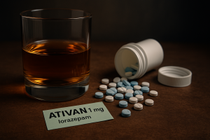Glass of alcohol beside spilled Ativan (lorazepam) pills showing the dangers of mixing alcohol and Ativan