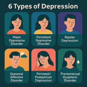 6 types of depression infographic showing major depressive disorder, persistent depressive disorder, bipolar depression, seasonal affective disorder, perinatal/postpartum depression, and premenstrual dysphoric disorder with illustrated faces