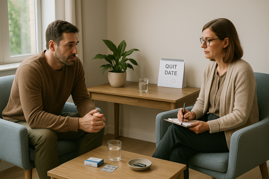 Counseling session in a bright therapy room with a quit-date calendar, nicotine patches on the table, and supportive discussion between client and counselor—symbolizing nicotine detox, behavioral support, and smoking cessation recovery.