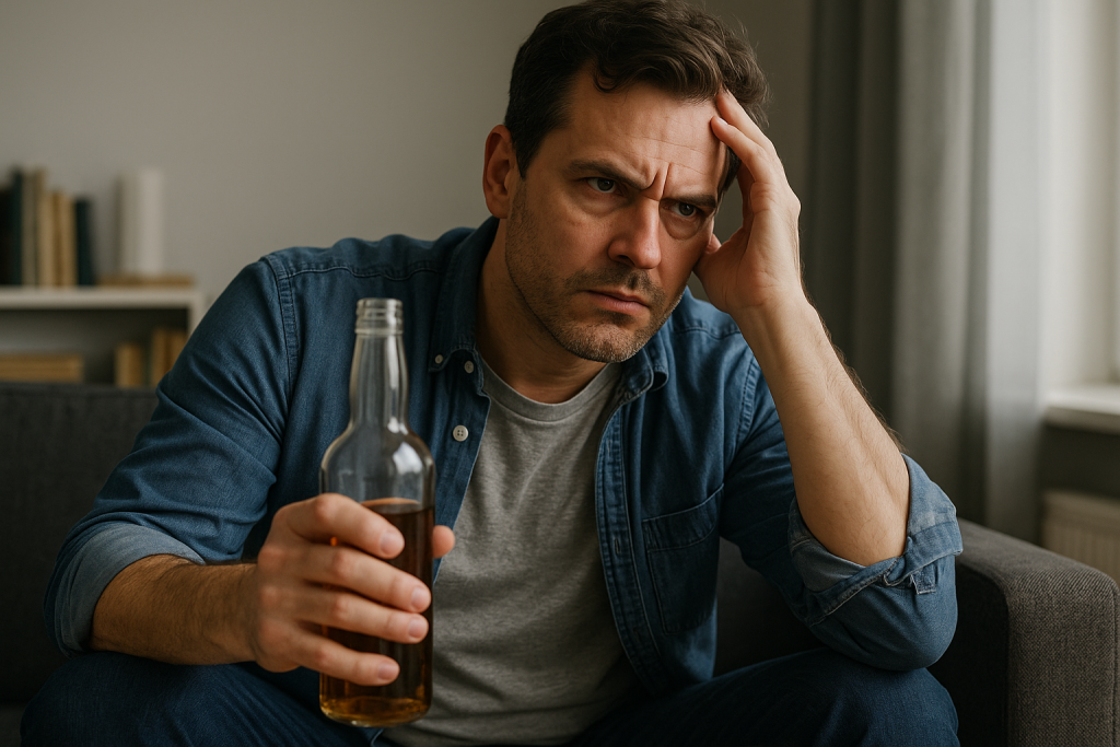 A middle-aged man holding a bottle of alcohol, looking distressed and reflective, symbolizing the struggles of an alcoholic narcissist and the connection between alcoholism and narcissism.