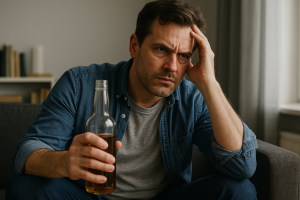 A middle-aged man holding a bottle of alcohol, looking distressed and reflective, symbolizing the struggles of an alcoholic narcissist and the connection between alcoholism and narcissism.