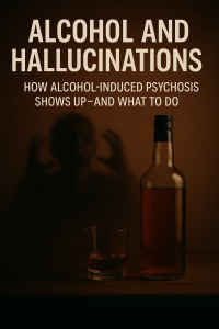 Alcohol and hallucinations—illustration of alcohol induced psychosis showing bottle of liquor, shadowy figure, and signs of alcoholic hallucinosis.