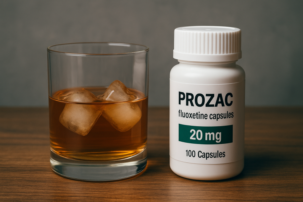 Glass of alcohol beside a Prozac prescription bottle and capsules, symbolizing the risks of alcohol and Prozac use.