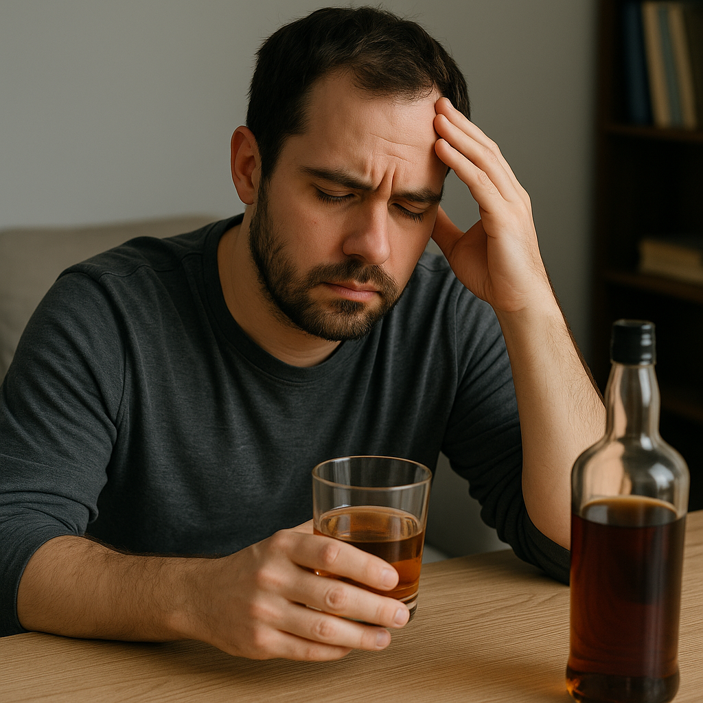 Man struggling with alcohol use disorder DSM-5 criteria, showing the emotional toll of alcoholism.