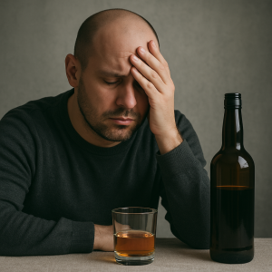 Man struggling with alcohol use disorder DSM-5 criteria, showing signs of alcohol abuse and mental health distress.