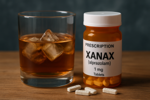 Close-up of a Xanax (alprazolam) prescription bottle with pills scattered next to a glass of alcohol, symbolizing the risks of alcohol and Xanax use.