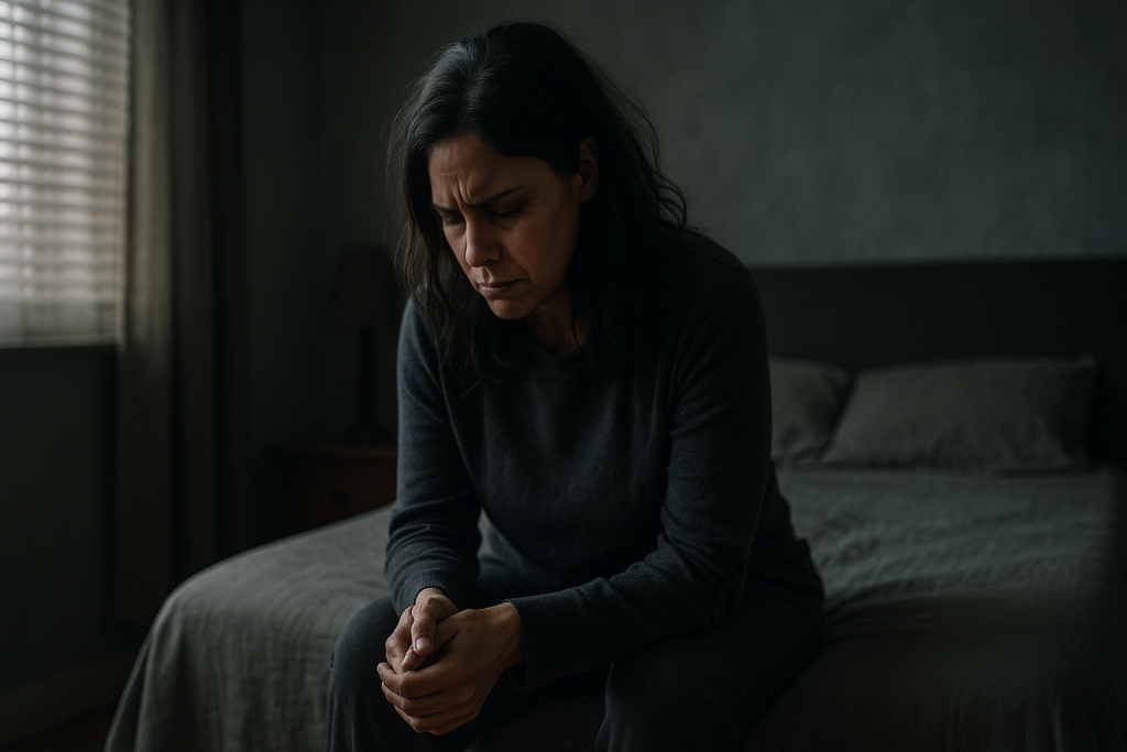A woman sitting on the edge of her bed in a dimly lit room, appearing distressed and withdrawn, symbolizing depression with psychosis.