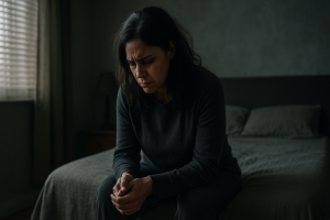 A woman sitting on the edge of her bed in a dimly lit room, appearing distressed and withdrawn, symbolizing depression with psychosis.