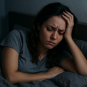 A woman struggling with depression and difficulty sleeping, sitting awake in bed at night, showing signs of insomnia and fatigue.
