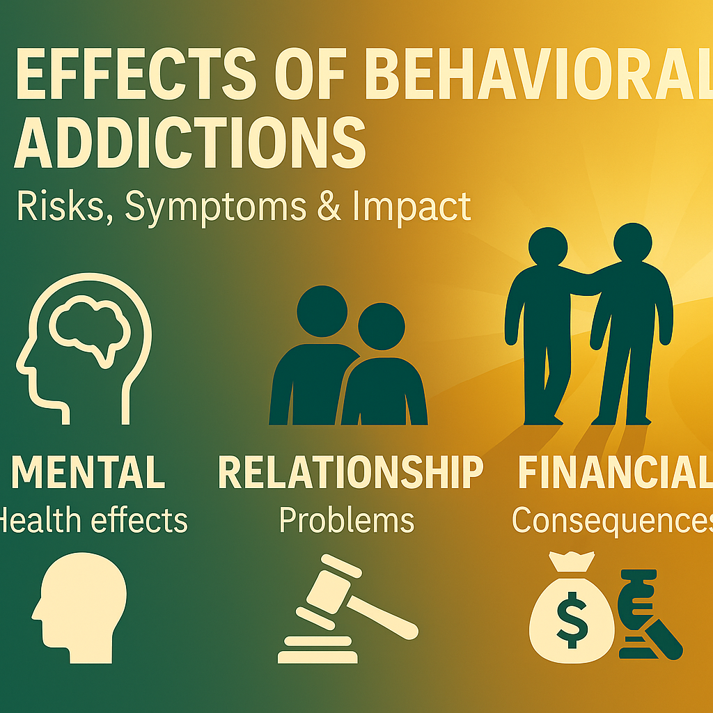 Effects of behavioral addictions — mental, relationship, and financial impacts illustrated in brand style