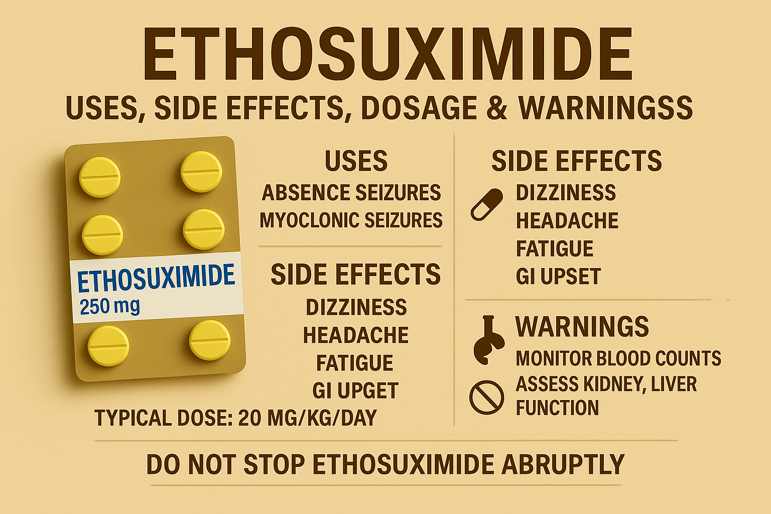 Ethosuximide (Zarontin) for absence seizures—T‑type calcium channel illustration, dosing and side effects overview