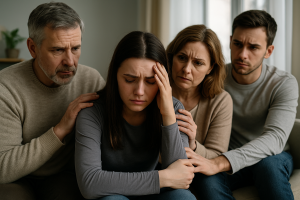 Family consoling a young woman showing signs of depression, reflecting DSM-5 criteria and types of depressive disorders.