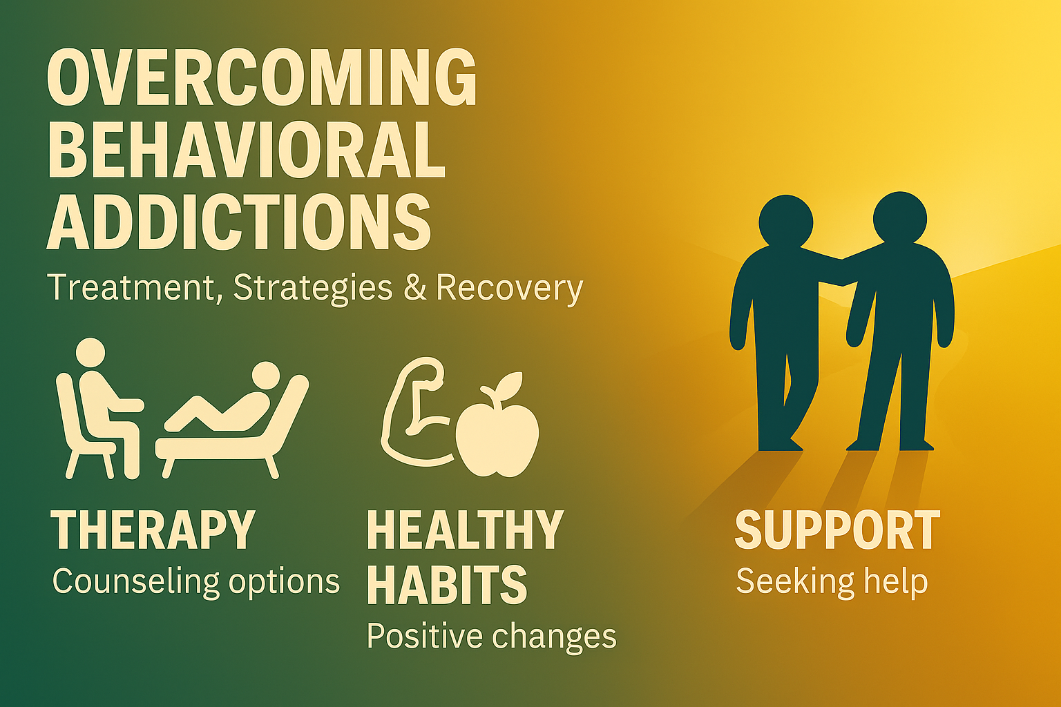 Overcoming behavioral addictions – effects, symptoms & recovery guide hero image with teal‑to‑gold gradient and supportive figures.
