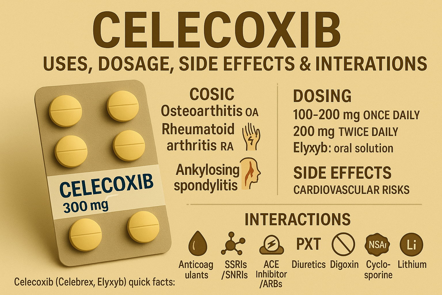 Celecoxib (COX‑2 NSAID) — uses, dosing for OA/RA/AS and acute pain, key side effects, and major drug interactions.