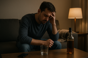 Adult struggling with alcohol and depression — sitting alone on a couch with an empty glass and bottle, reflecting the emotional effects of drinking and mental health challenges.