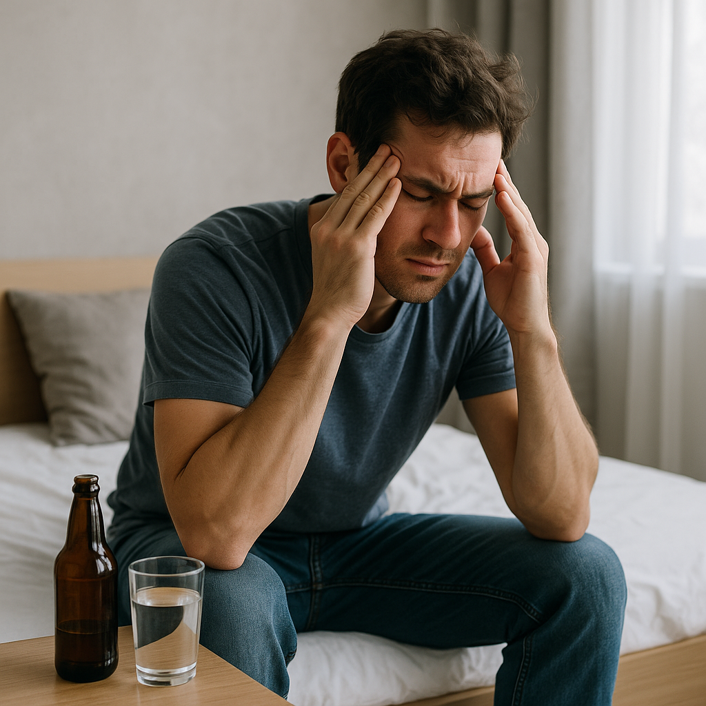Man experiencing anxiety the day after drinking, holding his head at a table with water and food.