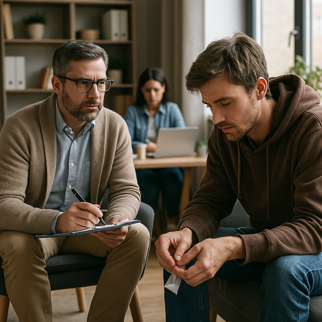 Therapist talking with a man during a one-on-one counseling session in a comfortable rehab setting at Nova Recovery Center.