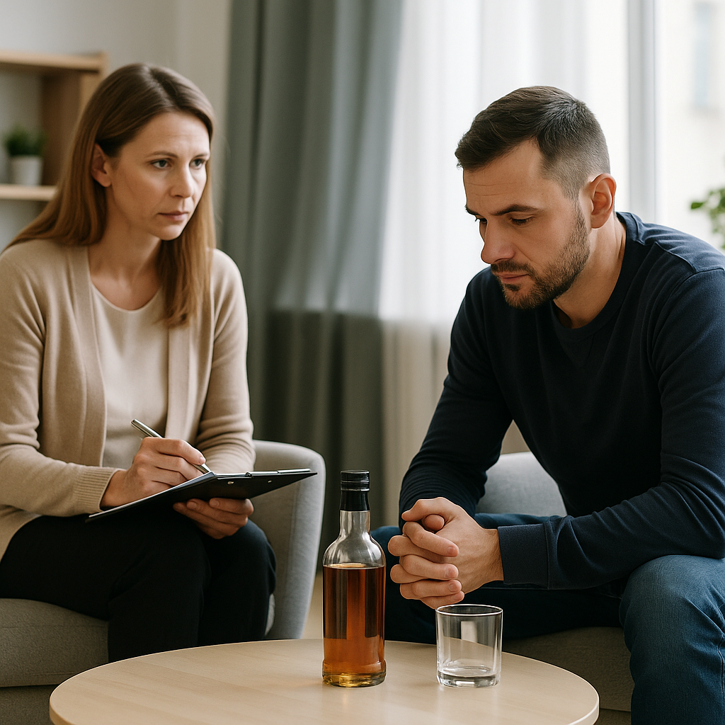 Therapist and client in an outpatient alcohol rehab session in Austin, TX, discussing recovery and treatment goals in a calm, professional environment.