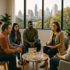 Outpatient drug rehab in Austin — diverse group therapy session with a licensed counselor supporting adults in addiction recovery.