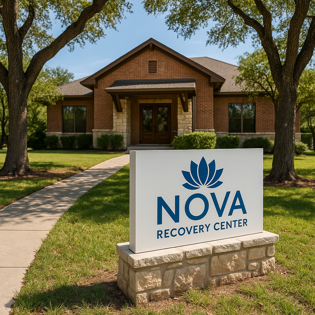 Exterior view of Nova Recovery Center, an alcohol rehab facility in Austin, TX, surrounded by trees and natural landscape.