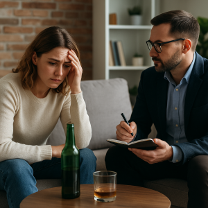 Therapist meeting with a client during an alcohol rehab session in Austin, Texas to discuss addiction recovery and treatment progress.