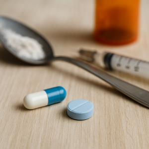 Close-up of prescription pills, a syringe, and a spoon representing drug misuse and the risks of improper medication use.