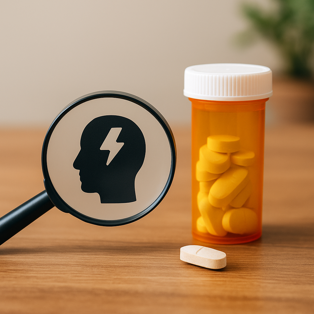 Conceptual image showing dual disorder treatment with mental health and medication icons under a magnifying glass.