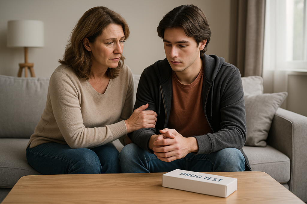 Parent supporting young adult during conversation about a drug abuse test kit — family discussing options for blood test for drugs and alcohol.