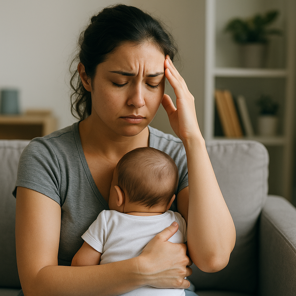 Mother experiencing postpartum depression while holding her baby, illustrating the challenges of PPD and the need for treatment options such as drugs for PPD.