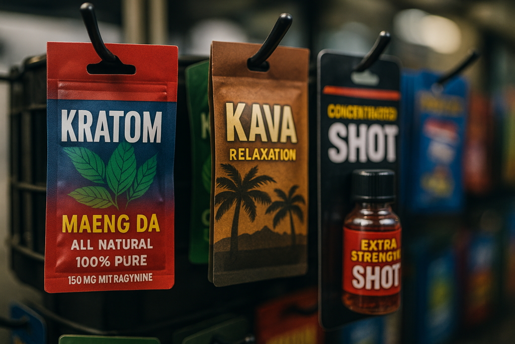 Gas station kratom, kava, and concentrated energy shots on display in a convenience store.