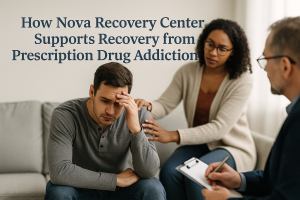 A man in recovery from prescription drug addiction receiving counseling and support at Nova Recovery Center.