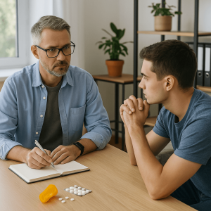 Therapist and young man talking during an intake session at an inpatient drug rehab center near Austin, TX.