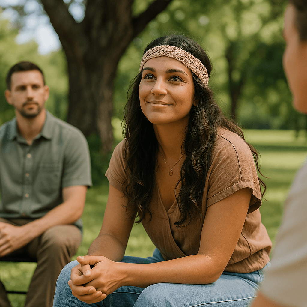 People participating in a group recovery session outdoors at an alcohol rehab center in North Austin.