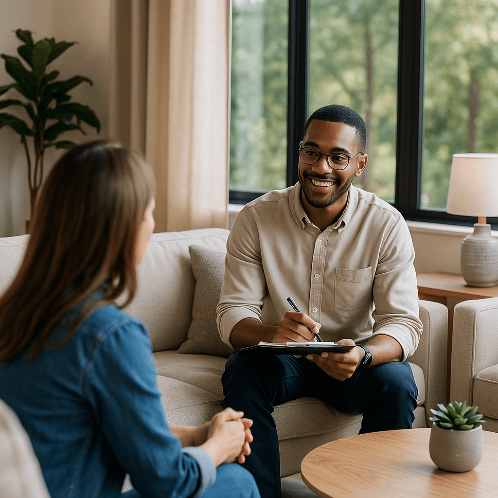 Therapist meeting with a client in a comfortable setting at an alcohol rehab center in Austin, Texas.