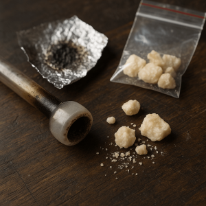 Close-up 4K image of crack cocaine rocks, burnt foil, and a used glass pipe on a dark surface, illustrating the dangers of crack use and the need for inpatient drug rehab near Austin, TX.