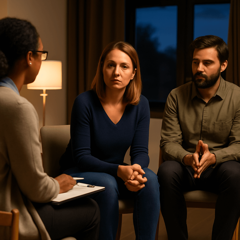 A group of adults in an evening therapy session in San Antonio, reflecting support and recovery for working adults.