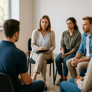 A group therapy session in San Antonio showing a therapist guiding participants in a calm, well-lit recovery setting.